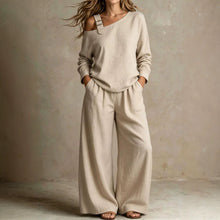 Load image into Gallery viewer, Women's One-Shoulder Buckle-Strap Long-Sleeve Linen Blend Top & Wide-Leg Palazzo Trouser Set