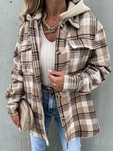 Load image into Gallery viewer, Vintage Retro Style Women Camel Plaid Button Up Jacket with Removable Hood Classic & Cozy Everyday Wear