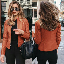 Load image into Gallery viewer, MANDOTOS Chic Faux Leather Zip Up Jacket For Women In Black Or Brown, Versatile Outerwear