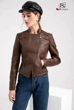 Load image into Gallery viewer, Mandotos Chic Feminine Black Leather Coat With Zipper Pockets And Biker Style Details
