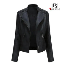 Load image into Gallery viewer, Mandotos Chic Feminine Black Leather Coat With Zipper Pockets And Biker Style Details