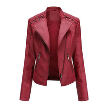 Load image into Gallery viewer, Mandotos Chic Feminine Black Leather Coat With Zipper Pockets And Biker Style Details