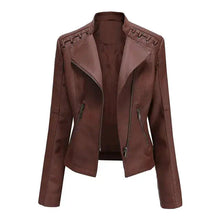 Load image into Gallery viewer, Mandotos Chic Feminine Black Leather Coat With Zipper Pockets And Biker Style Details