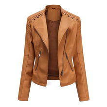Load image into Gallery viewer, Mandotos Chic Feminine Black Leather Coat With Zipper Pockets And Biker Style Details