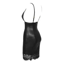 Load image into Gallery viewer, MANDOTOS Bodycon PU Leather Mini Dress Deep V Neck Spaghetti Straps Lace Patchwork Size S To XL Black