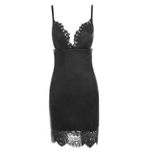 Load image into Gallery viewer, MANDOTOS Bodycon PU Leather Mini Dress Deep V Neck Spaghetti Straps Lace Patchwork Size S To XL Black