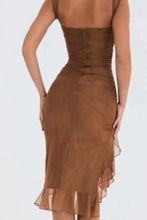 Load image into Gallery viewer, Mandotos Olive Green Ruffled Midi Dress With Ruched Bodice And Tiered Hem For Summer