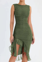 Load image into Gallery viewer, Mandotos Olive Green Ruffled Midi Dress With Ruched Bodice And Tiered Hem For Summer