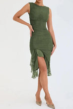 Load image into Gallery viewer, Mandotos Olive Green Ruffled Midi Dress With Ruched Bodice And Tiered Hem For Summer