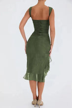 Load image into Gallery viewer, Mandotos Olive Green Ruffled Midi Dress With Ruched Bodice And Tiered Hem For Summer
