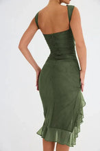 Load image into Gallery viewer, Mandotos Olive Green Ruffled Midi Dress With Ruched Bodice And Tiered Hem For Summer