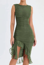 Load image into Gallery viewer, Mandotos Olive Green Ruffled Midi Dress With Ruched Bodice And Tiered Hem For Summer