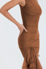 Load image into Gallery viewer, Mandotos Olive Green Ruffled Midi Dress With Ruched Bodice And Tiered Hem For Summer
