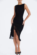 Load image into Gallery viewer, Mandotos Olive Green Ruffled Midi Dress With Ruched Bodice And Tiered Hem For Summer