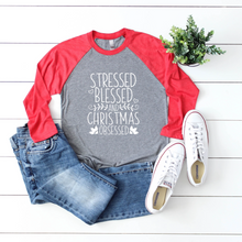 Load image into Gallery viewer, Stressed Blessed Christmas Obsessed Raglan Tee