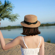 Load image into Gallery viewer, Classic Simple Female Hat For Summer Beach Hat Casual Lady Summer Solid Color Straw Hat Women Elegant Hat Traveling Hats UV Protection Sun Cap Women Flat Bowknot Design Cute Cap Girls Hat 56-58cm