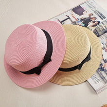 Load image into Gallery viewer, Classic Simple Female Hat For Summer Beach Hat Casual Lady Summer Solid Color Straw Hat Women Elegant Hat Traveling Hats UV Protection Sun Cap Women Flat Bowknot Design Cute Cap Girls Hat 56-58cm
