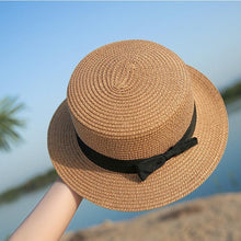 Load image into Gallery viewer, Classic Simple Female Hat For Summer Beach Hat Casual Lady Summer Solid Color Straw Hat Women Elegant Hat Traveling Hats UV Protection Sun Cap Women Flat Bowknot Design Cute Cap Girls Hat 56-58cm