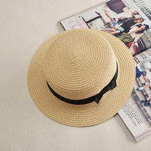 Load image into Gallery viewer, Classic Simple Female Hat For Summer Beach Hat Casual Lady Summer Solid Color Straw Hat Women Elegant Hat Traveling Hats UV Protection Sun Cap Women Flat Bowknot Design Cute Cap Girls Hat 56-58cm