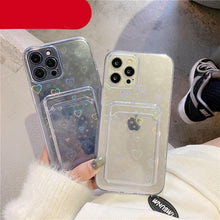 Load image into Gallery viewer, Clear Holographic Love Heart Pattern Cute Case with Card Holder Love Gradient Transparent Soft Case For iPhone 14 13 11 12 Pro Max Mini X XS XR 7 8 Plus Wallet Card Holder Cover