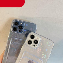 Load image into Gallery viewer, Clear Holographic Love Heart Pattern Cute Case with Card Holder Love Gradient Transparent Soft Case For iPhone 14 13 11 12 Pro Max Mini X XS XR 7 8 Plus Wallet Card Holder Cover