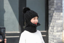 Load image into Gallery viewer, Coral Fleece Winter Women Knitted Hats Add Fur Warm Winter Hats For Women With Zipper Keep Face Warmer Balaclava Pompoms Cap Balaclava Gorgas Bonnet Knitted Hat Windproof Ski Mask Cold Weather Face Mask Motorcycle Balaclava Hood Warmer Winter Sports Cap