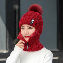 Load image into Gallery viewer, Coral Fleece Winter Women Knitted Hats Add Fur Warm Winter Hats For Women With Zipper Keep Face Warmer Balaclava Pompoms Cap Balaclava Gorgas Bonnet Knitted Hat Windproof Ski Mask Cold Weather Face Mask Motorcycle Balaclava Hood Warmer Winter Sports Cap