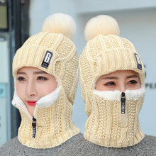 Load image into Gallery viewer, Coral Fleece Winter Women Knitted Hats Add Fur Warm Winter Hats For Women With Zipper Keep Face Warmer Balaclava Pompoms Cap Balaclava Gorgas Bonnet Knitted Hat Windproof Ski Mask Cold Weather Face Mask Motorcycle Balaclava Hood Warmer Winter Sports Cap