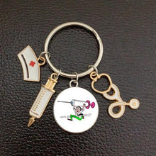 Load image into Gallery viewer, Creative Doctor Keychain Unique Personality Syringe Stethoscope Pendant Keychain Cartoon Colorful Handbag Pendant Keychain Doctor Injection Stethoscope Picture Keychain Round Dome Pendant Women Alloy Keychain