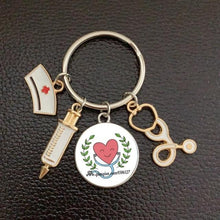 Load image into Gallery viewer, Creative Doctor Keychain Unique Personality Syringe Stethoscope Pendant Keychain Cartoon Colorful Handbag Pendant Keychain Doctor Injection Stethoscope Picture Keychain Round Dome Pendant Women Alloy Keychain