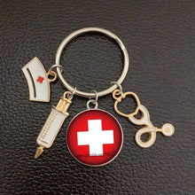 Load image into Gallery viewer, Creative Doctor Keychain Unique Personality Syringe Stethoscope Pendant Keychain Cartoon Colorful Handbag Pendant Keychain Doctor Injection Stethoscope Picture Keychain Round Dome Pendant Women Alloy Keychain