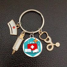 Load image into Gallery viewer, Creative Doctor Keychain Unique Personality Syringe Stethoscope Pendant Keychain Cartoon Colorful Handbag Pendant Keychain Doctor Injection Stethoscope Picture Keychain Round Dome Pendant Women Alloy Keychain