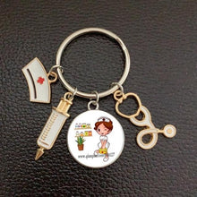 Load image into Gallery viewer, Creative Doctor Keychain Unique Personality Syringe Stethoscope Pendant Keychain Cartoon Colorful Handbag Pendant Keychain Doctor Injection Stethoscope Picture Keychain Round Dome Pendant Women Alloy Keychain