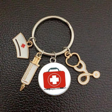 Load image into Gallery viewer, Creative Doctor Keychain Unique Personality Syringe Stethoscope Pendant Keychain Cartoon Colorful Handbag Pendant Keychain Doctor Injection Stethoscope Picture Keychain Round Dome Pendant Women Alloy Keychain