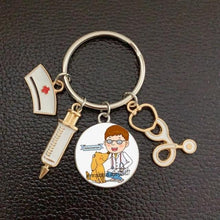 Load image into Gallery viewer, Creative Doctor Keychain Unique Personality Syringe Stethoscope Pendant Keychain Cartoon Colorful Handbag Pendant Keychain Doctor Injection Stethoscope Picture Keychain Round Dome Pendant Women Alloy Keychain