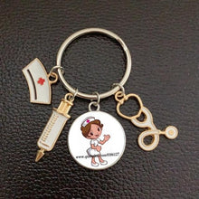 Load image into Gallery viewer, Creative Doctor Keychain Unique Personality Syringe Stethoscope Pendant Keychain Cartoon Colorful Handbag Pendant Keychain Doctor Injection Stethoscope Picture Keychain Round Dome Pendant Women Alloy Keychain