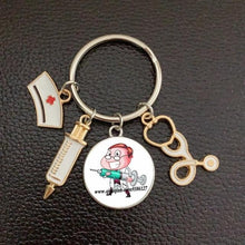 Load image into Gallery viewer, Creative Doctor Keychain Unique Personality Syringe Stethoscope Pendant Keychain Cartoon Colorful Handbag Pendant Keychain Doctor Injection Stethoscope Picture Keychain Round Dome Pendant Women Alloy Keychain
