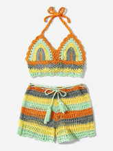 Load image into Gallery viewer, Crochet Bikini Sets Multi Color Knitted Rainbow Striped Off Shoulder Top Bottom Bikini Women's Crochet Striped Lace Up Shorts Bikini Set 2 PCS Knit Bathing Suit Swimsuit Beachwear Bathing Suit Women Swimsuit