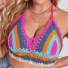 Load image into Gallery viewer, Crochet Bikini Sets Multi Color Knitted Rainbow Striped Off Shoulder Top Bottom Bikini Women's Crochet Striped Lace Up Shorts Bikini Set 2 PCS Knit Bathing Suit Swimsuit Beachwear Bathing Suit Women Swimsuit