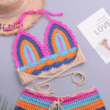 Load image into Gallery viewer, Crochet Bikini Sets Multi Color Knitted Rainbow Striped Off Shoulder Top Bottom Bikini Women's Crochet Striped Lace Up Shorts Bikini Set 2 PCS Knit Bathing Suit Swimsuit Beachwear Bathing Suit Women Swimsuit
