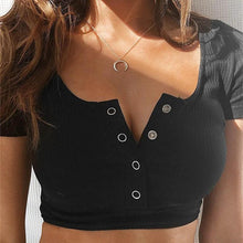 Load image into Gallery viewer, Inspired Threads Women's Crop Button T-Shirt - Flattering Fit & Stylish Design