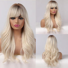 Load image into Gallery viewer, Curly Synthetic Wigs for White Women Medium Length Ombre Brown Blonde Wigs with Bangs High Temperature Cosplay Hair Wigs For Black Women Halloween Party