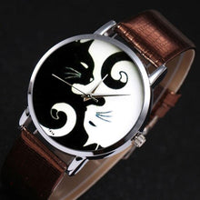 Load image into Gallery viewer, Cute White And Black Cats Couple Watches With PU Leather Strap And Round Dial Quartz Watches For Women Cat Dial With Stainless Steel Mesh Band Genuine Leather Strap Comfortable Ladies Wristwatch