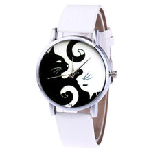 Load image into Gallery viewer, Cute White And Black Cats Couple Watches With PU Leather Strap And Round Dial Quartz Watches For Women Cat Dial With Stainless Steel Mesh Band Genuine Leather Strap Comfortable Ladies Wristwatch