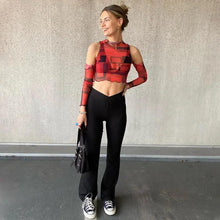 Load image into Gallery viewer, Cute women off shoulder Print Mesh long sleeve see through t - Shirt crop top Streetwear cute summer tops