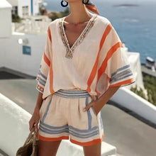 Load image into Gallery viewer, Women's Striped Linen V-Neck Top & Shorts Set with Embroidered Neckline