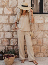 Load image into Gallery viewer, Women's Embroidered V-Neck Top & Wide-Leg Pants Set | Two-Piece Outfit