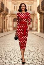 Load image into Gallery viewer, Women's Retro Polka-Dot Bodycon Midi Dress | Belted Waist Slim Fit
