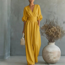 Load image into Gallery viewer, Women's V-Neck Wide-Leg Jumpsuit – High Waist Pleated Elegant