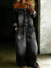 Load image into Gallery viewer, Women's Off-Shoulder Washed Faux Denim Strap Overalls Jumpsuit